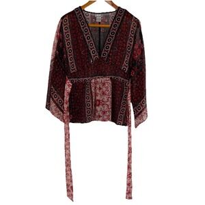 Y2K Rave‎ Womens Babydoll Top Medium Tie Beaded Sheer Boho Festival Fairy Retro